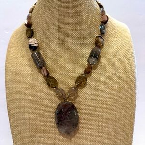 Multi-color Genuine Gemstone Necklace with polished oval stone pendant, browns